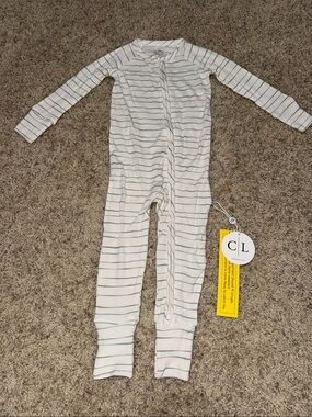 Caden Lane White One-Piece Footie with Thin Green Stripes